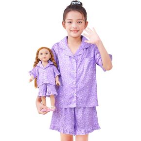ICOSY Matching Doll & Girls Pajamas Set for Kids Pajamas 2 PCS Button-Down Top and Shorts for American 18" Doll Girl Clothes in Kuwait