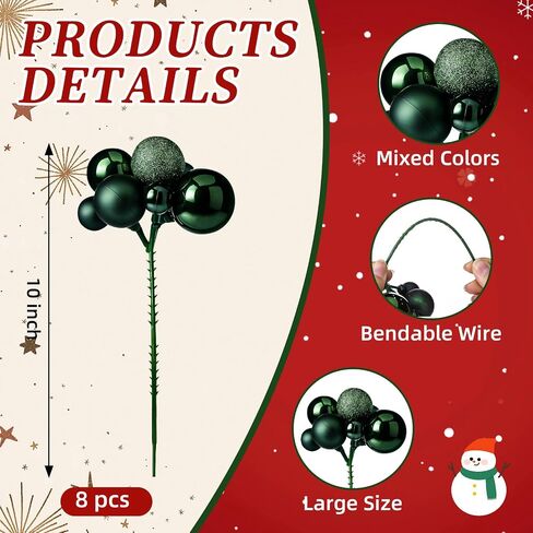 8 Pcs Christmas Tree Picks 7.87 Inch Red Green Gold Christmas Balls Ornaments Christmas Tree Decorations for Xmas Tree Topper DIY Wreath Holiday Floral Vase Fillers Crafts Home Decor in Saudi Arabia