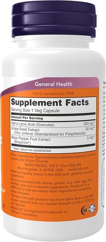 NOW Foods Supplements, Alpha Lipoic Acid 600 mg with Grape Seed Extract & Bioperine®, Extra Strength, 120 Veg Capsules in Saudi Arabia