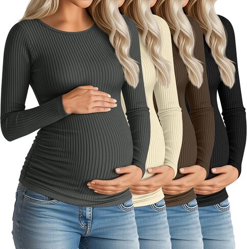 Huukeay 4 Pack Women's Maternity Shirts, Long Sleeve Cotton Ribbed Pregnancy Tops Side Ruched Crew Neck Casual Mama Clothes in Saudi Arabia