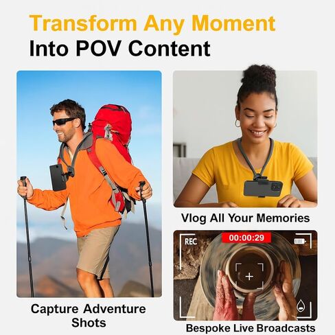 Neck Mount for Phones, Neck Cell Phone Holder POV/Vlog Selfie Mount Hand Free Phone Neck Holder Chest Stand Strap Video Recording for iPhone 16 15 14 13 12 Seires Android Phones (Black) in Kuwait