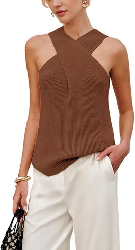 Yeokou Women Halter Cross Over Twlar Tank متماسكة أعلى ألوان صلبة بلوزة صيفية غير رسمية in Saudi Arabia