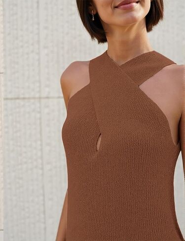 Yeokou Women Halter Cross Over Twlar Tank متماسكة أعلى ألوان صلبة بلوزة صيفية غير رسمية in Saudi Arabia