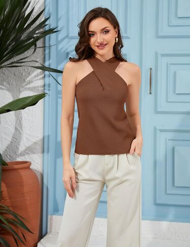 Yeokou Women Halter Cross Over Twlar Tank متماسكة أعلى ألوان صلبة بلوزة صيفية غير رسمية in Saudi Arabia