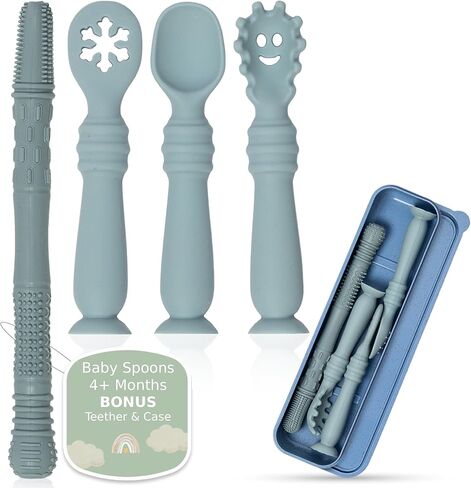ملعقة سيليكون الطفل مع Teether و Case-الملاعق الرضع في المرحلة الأولى مع قاعدة الشفط-ملاعق التغذية الذاتية للأطفال من 6 إلى 12 شهرًا-أساسيات تغذية الرضع (الأزرق) in Kuwait