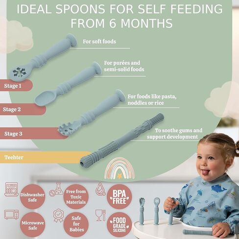 ملعقة سيليكون الطفل مع Teether و Case-الملاعق الرضع في المرحلة الأولى مع قاعدة الشفط-ملاعق التغذية الذاتية للأطفال من 6 إلى 12 شهرًا-أساسيات تغذية الرضع (الأزرق) in Kuwait