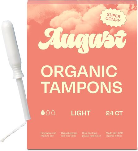 August Light Tampons - 72-Pack 100% Organic Cotton Tampons for Women and Anyone Who Menstruates, Non-Toxic, Fragrance-Free, and Hypoallergenic with Long Applicators (3 Boxes of 24) in Saudi Arabia
