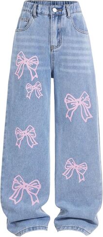 Wdirara Girl's Heart Print Jeans Y2K مرنة عالية الخصر على الساق الساق in Saudi Arabia