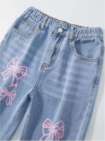 Wdirara Girl's Heart Print Jeans Y2K مرنة عالية الخصر على الساق الساق in Saudi Arabia