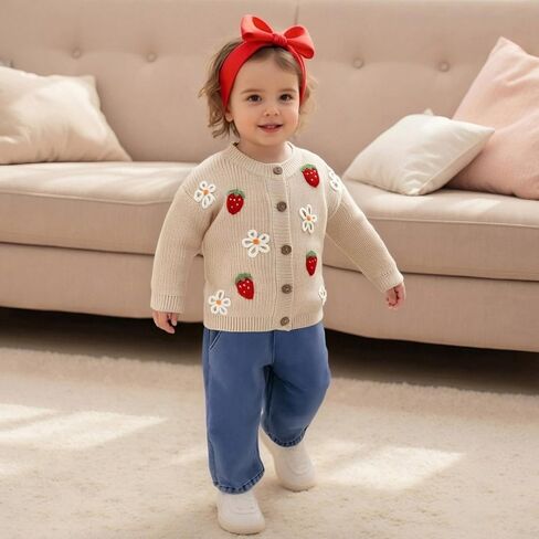 Kids Toddler Baby Girl Sweater Strawberry Embroidery Knit Cardigan Sweater Knitted Jacket Coat Warm Winter Clothes in Saudi Arabia