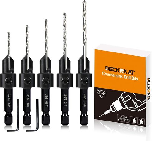 Deckrkat 12 قطعة c.utersink bit prit-3-in-1 Wood Counterbore Kit for#6#8#10#12#16 SCELS | 82 ° Chamfer ، عمق قابل للتعديل | 5 أجزاء احتياطية ، 2 حلقات الحد ، مفتاح السداسي ، القضية. in Kuwait