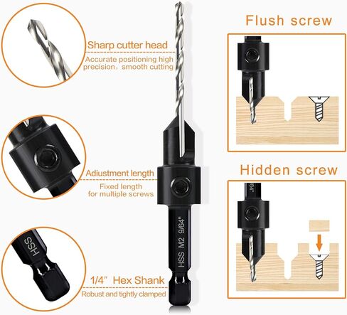 Deckrkat 12 قطعة c.utersink bit prit-3-in-1 Wood Counterbore Kit for#6#8#10#12#16 SCELS | 82 ° Chamfer ، عمق قابل للتعديل | 5 أجزاء احتياطية ، 2 حلقات الحد ، مفتاح السداسي ، القضية. in Kuwait