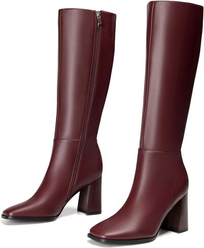 Knee High Boots Women Leather Square Toe Chunky Block Heel Tall Boots with Side Zipper Comfortable Fashion Long Dress Boots in Saudi Arabia