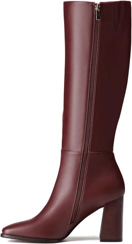 Knee High Boots Women Leather Square Toe Chunky Block Heel Tall Boots with Side Zipper Comfortable Fashion Long Dress Boots in Saudi Arabia
