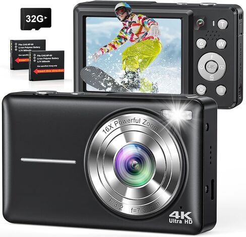 Digital Camera, 4K 64MP Cameras for Photography, Point and Shoot Digital Camera with Auto Focus, Dual Camera, Flash, 16X Zoom, Anti Shake, 32GB Card, Compact Vlogging Camera for Teens, Adults in Kuwait