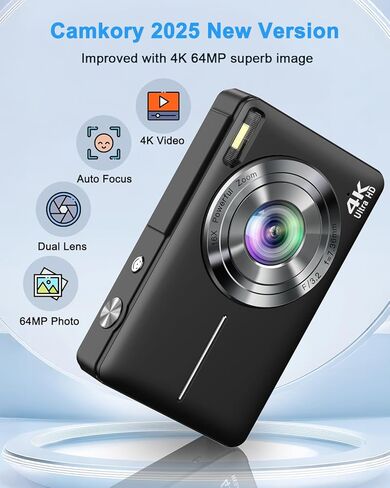 Digital Camera, 4K 64MP Cameras for Photography, Point and Shoot Digital Camera with Auto Focus, Dual Camera, Flash, 16X Zoom, Anti Shake, 32GB Card, Compact Vlogging Camera for Teens, Adults in Kuwait