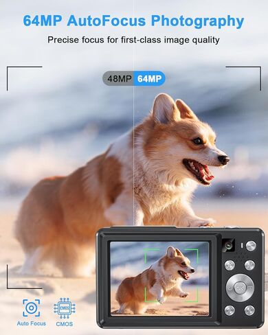 Digital Camera, 4K 64MP Cameras for Photography, Point and Shoot Digital Camera with Auto Focus, Dual Camera, Flash, 16X Zoom, Anti Shake, 32GB Card, Compact Vlogging Camera for Teens, Adults in Kuwait