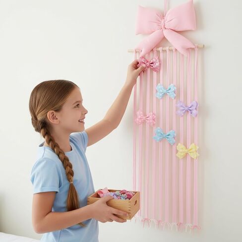 Long Bow Holder for Girls Hair Bow Organizer 31.5 Inch Pink Hanger Hair Accessories Storage Hanging Decoration for Girls Room Bedroom Living Room in Saudi Arabia