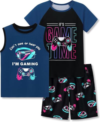 Tebbis Boys Summer Pajama Set ، 3 قطع Gamer PJS‌-أكمام قصيرة ، أعلى دبابات وسروال شورت ناعم صفراء النوم حجم 6-18 in Kuwait