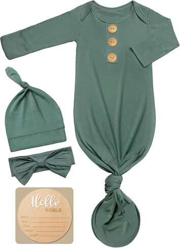 Soft Baby Knot Gown 0-3 Months, Newborn Announcement Sleepers With Mitten Cuffs and Personalized Wooden Name Tag in Saudi Arabia