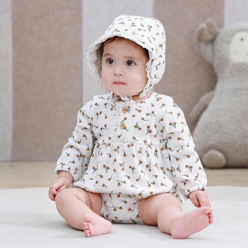 Newborn Baby Girl Clothes Cotton Bubble Rompers Infant Outfit Floral Long Sleeve Bodysuit, 3 Pack in Kuwait