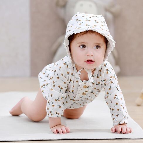 Newborn Baby Girl Clothes Cotton Bubble Rompers Infant Outfit Floral Long Sleeve Bodysuit, 3 Pack in Kuwait