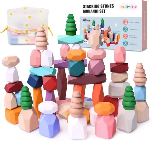 YHHYTOY 40 PCS Wooden Stacking Rocks Building Blocks Forest Theme, Sensory Learning Montessori Toys for 3 4 5 Year Old Kids, Preschool Educational STEM Toys Toddler Games Birthday Gifts for Girls Boys in Saudi Arabia