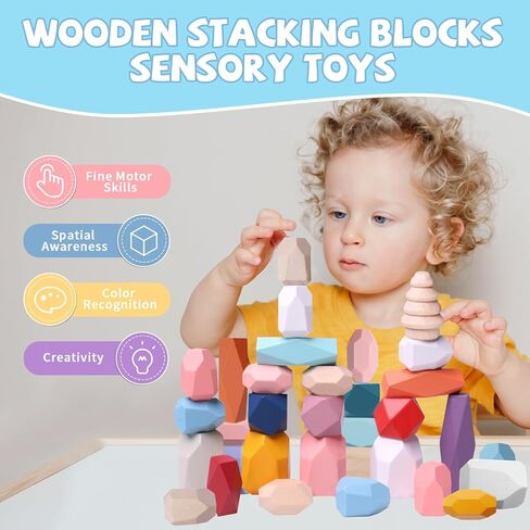 YHHYTOY 40 PCS Wooden Stacking Rocks Building Blocks Forest Theme, Sensory Learning Montessori Toys for 3 4 5 Year Old Kids, Preschool Educational STEM Toys Toddler Games Birthday Gifts for Girls Boys in Saudi Arabia