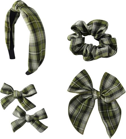 5 Pcs Plaid Headband Set - Padded Scrunchies Bow, Christmas Hair Clips Accessories for Girls (Red) in Saudi Arabia