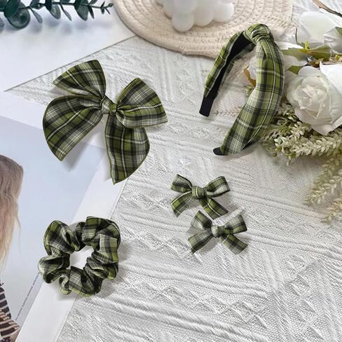 5 Pcs Plaid Headband Set - Padded Scrunchies Bow, Christmas Hair Clips Accessories for Girls (Red) in Saudi Arabia