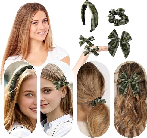 5 Pcs Plaid Headband Set - Padded Scrunchies Bow, Christmas Hair Clips Accessories for Girls (Red) in Saudi Arabia