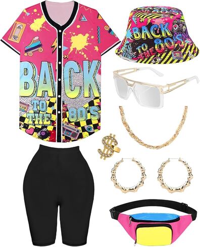 WILDPARTY 80s 90s Outfit for Women Baseball Jersey Shirt Shorts Fanny Pack Retro Party Costume Repper Accessories in Kuwait