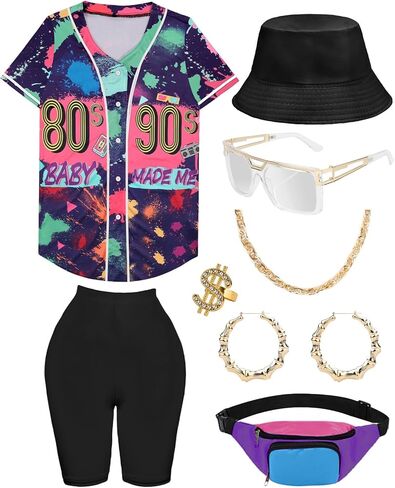 WILDPARTY 80s 90s Outfit for Women Baseball Jersey Shirt Shorts Fanny Pack Retro Party Costume Repper Accessories in Kuwait