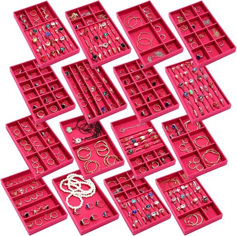 16 Pcs Stackable Jewelry Organizer for Drawer Velvet Jewelry Tray with Dividers Earring Holder & Ring Display Box Fits 8.4 x 5 x 1 Drawer Necklace Storage for Women, Girls (beige, 16 Styles) in Saudi Arabia