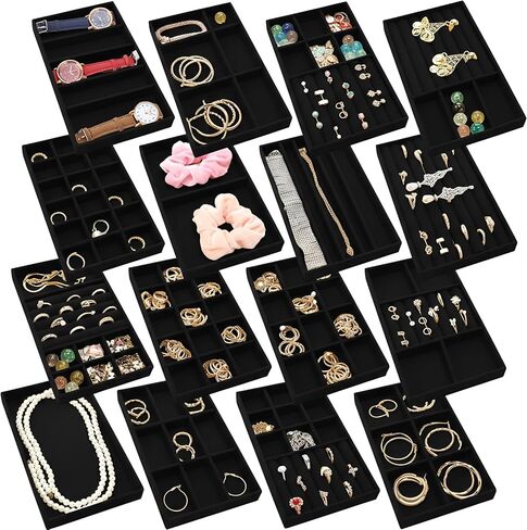 16 Pcs Stackable Jewelry Organizer for Drawer Velvet Jewelry Tray with Dividers Earring Holder & Ring Display Box Fits 8.4 x 5 x 1 Drawer Necklace Storage for Women, Girls (beige, 16 Styles) in Saudi Arabia