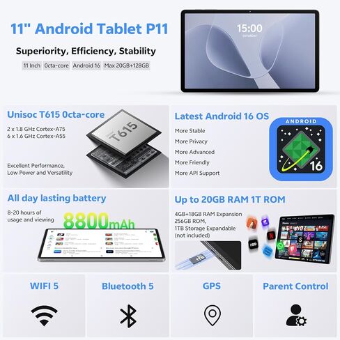 2025 Android 15 Tablet مع لوحة المفاتيح ، 16 جيجابايت+128 جيجابايت 11 بوصة أوكترا ثماني 2 في 1 أقراص مزدوجة الكاميرا 5+13 ميجابكسل ، 5g/2.4g واي فاي ، 8000 مللي أمبير ، BT5.0 ، GMS معتمدة ، مع الماوس ، الحالة ، القلم ، (رمادي) in Kuwait