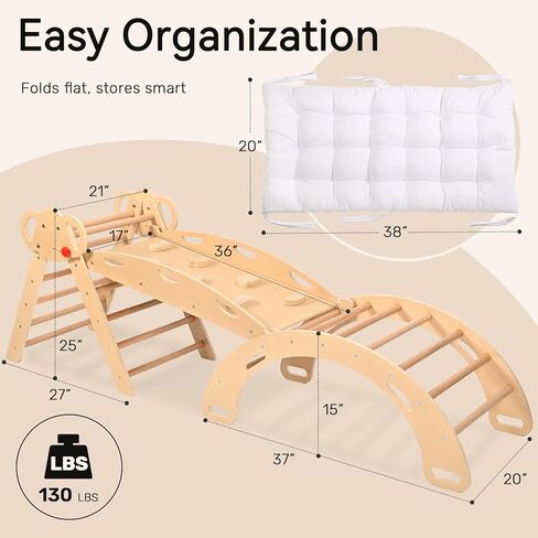 Wingyz 8-in-1 Pikler Triangle Set-Wooden Climbing Toys مع وسادة ، قوس ، منحدر وسلم | Montessori Toddler Climber Indoor Jungle Gym for Kids (Blue) in Kuwait