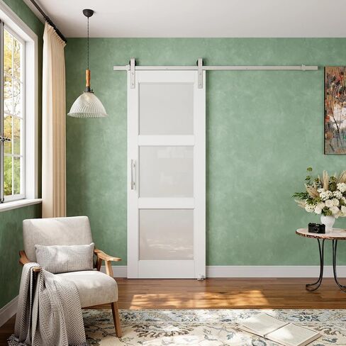 White 3 Lite Frosted Glass Nickel barn Door, 24'' x 80'' in Saudi Arabia