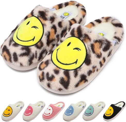 Womens Mens Smile Face Slippers Soft Plush House Slippers Retro Happy Slip-On Slides Winter Warm Comfy Memory Foam Fluffy Indoor Outdoor Shoes in Saudi Arabia