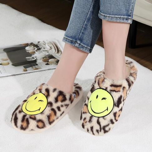 Womens Mens Smile Face Slippers Soft Plush House Slippers Retro Happy Slip-On Slides Winter Warm Comfy Memory Foam Fluffy Indoor Outdoor Shoes in Saudi Arabia