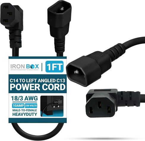 IronBox Electric - C14 to Left Angle C13 Power Cord - 90 Degree Computer Power Cord - Rated for 10A/250V - 18/3 AWG - IEC 60320 - Cable for Servers, Monitors, Computers, Networking Equipment (2 Feet) in Saudi Arabia
