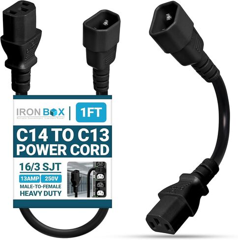 Iron Box 3ft (1m) Extension Cord, C14 to C13, 13A, 250V, 16/3 SJT IEC Power Cable - Ideal Solution for Connecting Devices to a Reliable Power Source, UL Listed Computer Cords (Black) in Kuwait