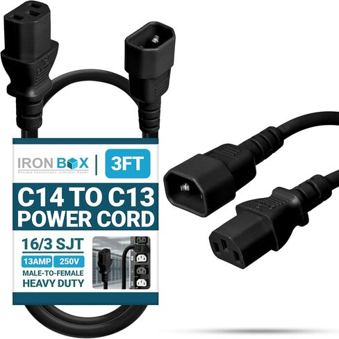 Iron Box 3ft (1m) Extension Cord, C14 to C13, 13A, 250V, 16/3 SJT IEC Power Cable - Ideal Solution for Connecting Devices to a Reliable Power Source, UL Listed Computer Cords (Black) in Kuwait