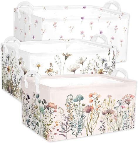 3 Pcs Pink Bow Storage Basket, Coquette Girls Rectangle Storage Bins Box with Handles, Bows and Chery Shelf Basket Ideal for Room Nursery Decor, Books, Organizing Clothes, Toys in Kuwait