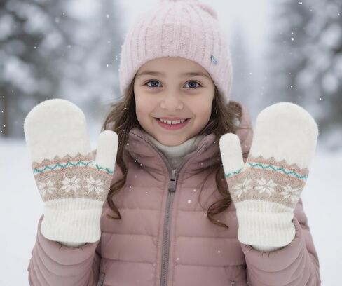 قفازات للتزلج في الهواء الطلق للمراهقين، قفازات شتوية دافئة، قفازات مزدوجة الطبقات بطباعة ندفة الثلج للأعمار من 7 إلى 14 عامًا in Kuwait