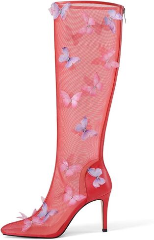 UJPFEO Women's Clear Knee High Boots Butterfly Pointed Toe Stiletto High Heels Mesh Boots Sexy Back Zipper Dress Wedding Shoes in Saudi Arabia