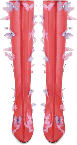UJPFEO Women's Clear Knee High Boots Butterfly Pointed Toe Stiletto High Heels Mesh Boots Sexy Back Zipper Dress Wedding Shoes in Saudi Arabia