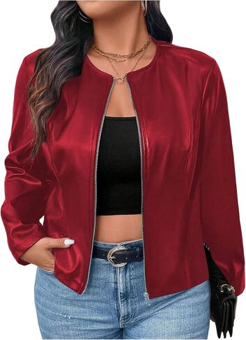 Soly Hux Women's Plus Pu Leather Jacket stup up up Crew Neck Long Sleeve Bomber Stack in Kuwait