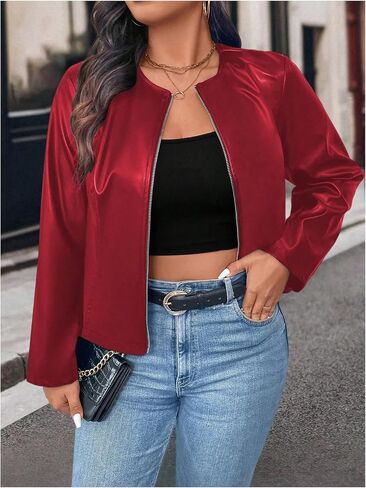 Soly Hux Women's Plus Pu Leather Jacket stup up up Crew Neck Long Sleeve Bomber Stack in Kuwait