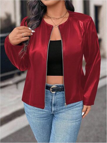 Soly Hux Women's Plus Pu Leather Jacket stup up up Crew Neck Long Sleeve Bomber Stack in Kuwait